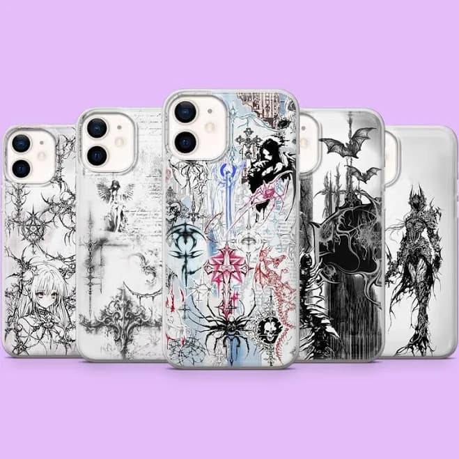 White Gothic Phone Case Y2K Cybersigilism Cover for iPhone 17Pro, 16, 15, 14, 13, Samsung S25, S24, S23, S22, A16, A56, A36, Pixel 10Pro, 9A