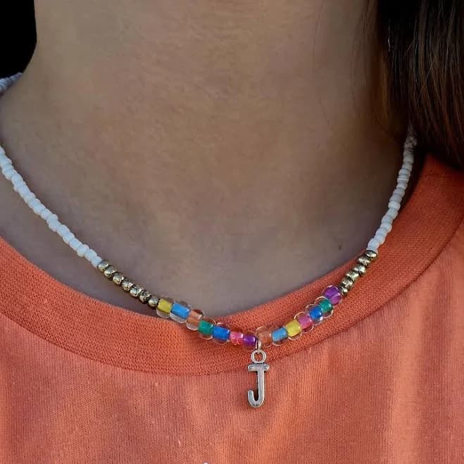 Beaded Initial Necklace for Women, 14K Gold Plated Initial Letter Pendant Rainbow Gemstone Choker Colorful Summer Beach Jewelry for Women