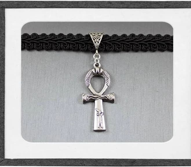 Ankh - Black Lace Choker, Egyptian, Silver, Cross, Peace, Gothic, Hieroglyphics, Snakes, Symbol of Life, Key of Life, Knot of Isis, Pendant