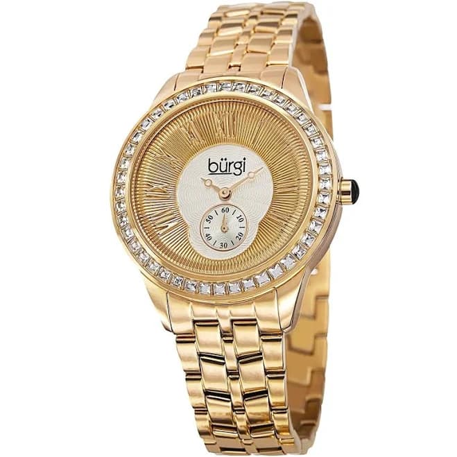 Burgi Women's Swiss Quartz Crystal Bezel Stainless Steel Bracelet Watch