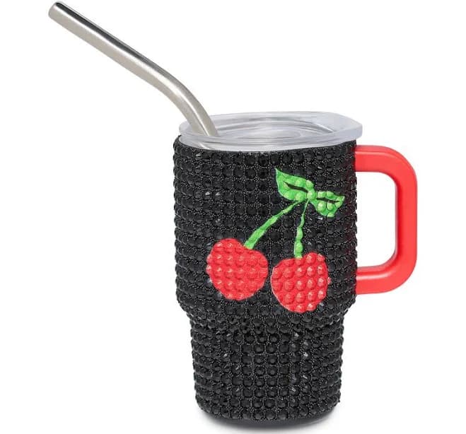 Spencer's Cherry Rhinestone Mini Travel Tumbler with Straw