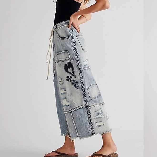 Free People Skirts | Free People Patchwork Denim Maxi Skirt - Blue | Color: Blue/White | Size: 4 | Audiefay's Closet