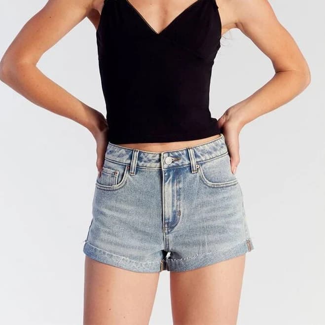 Women's Light Indigo Ripped Button Fly High Waisted Denim Festival Shorts