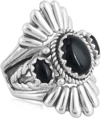 Sterling Silver Black Agate Crown Ring Set