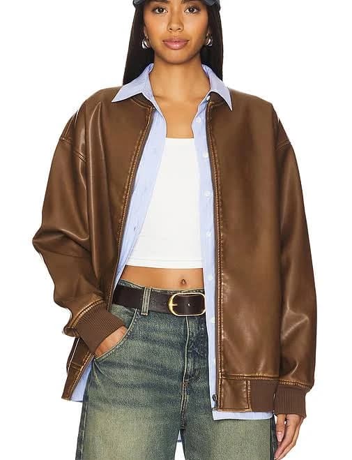 superdown Ariel Faux Leather Bomber in Brown - size L