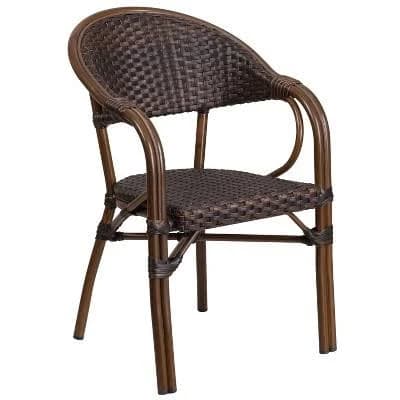 Merrick Lane Brown Wicker Rattan Patio Chair With Curved Back And Aluminum Bamboo Frame