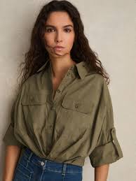 Reiss Pleat-Hem Cropped Shirt in Khaki | REISS