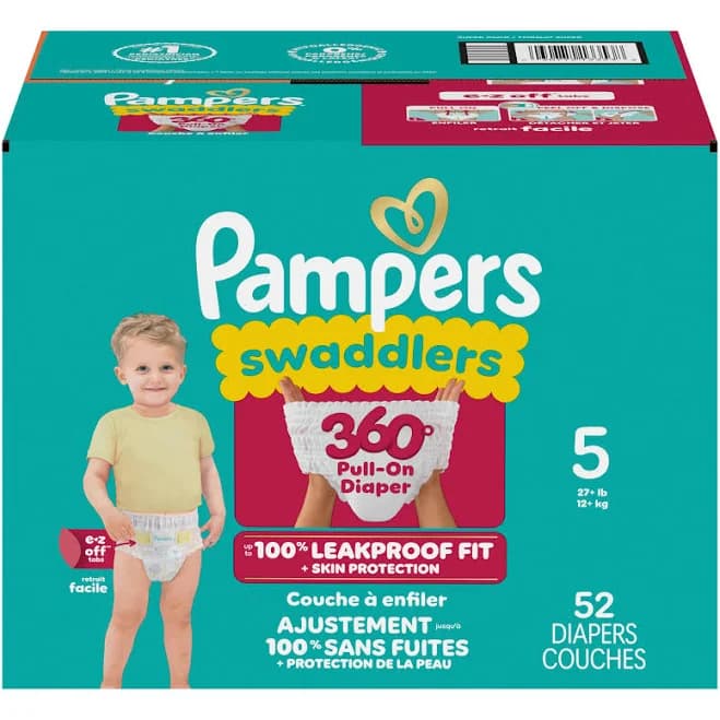 Pampers Swaddlers 360 Size 5 Baby Diapers 27+ lb 52 Count Box