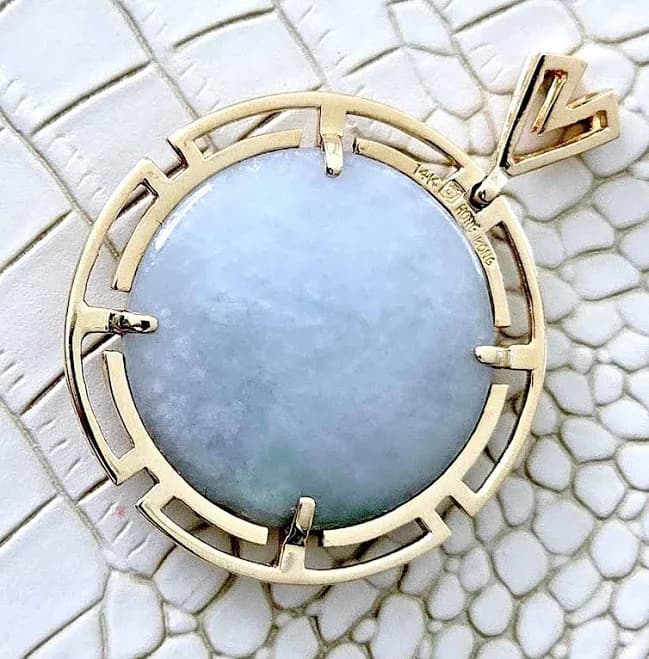 Rare Old Round Polished Blue Green Gem Circle Pendant 14k Hk- 1.5"