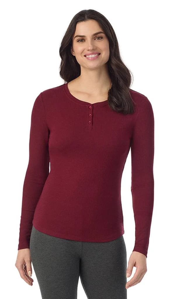 Women's Cuddl Duds Stretch Rib Long Sleeve Crew Henley Top