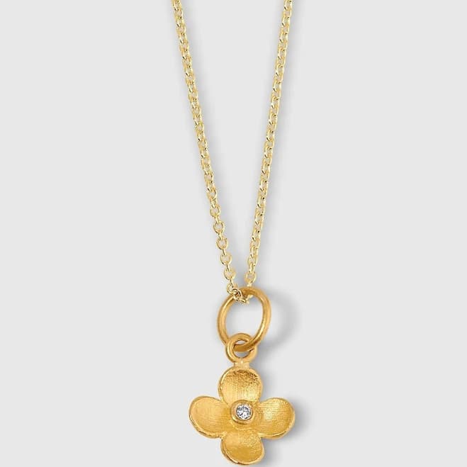 24kt Solid Gold Four- Petal Flower Charm Pendant Necklace with Center Diamond