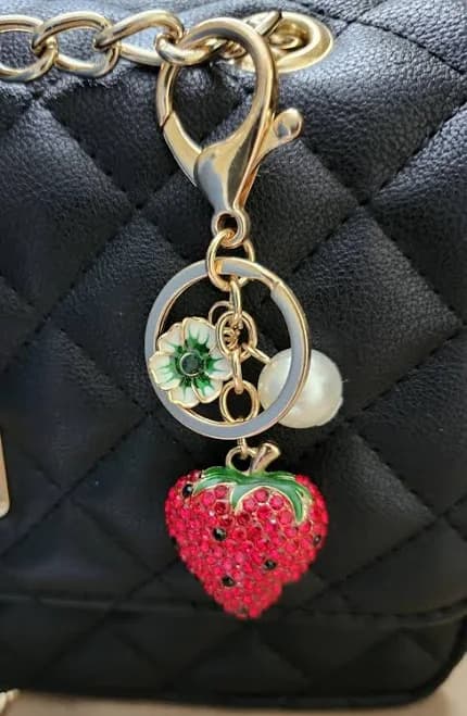 Strawberry Flower Bag Charm Keychain Rhinestone Chrystal
