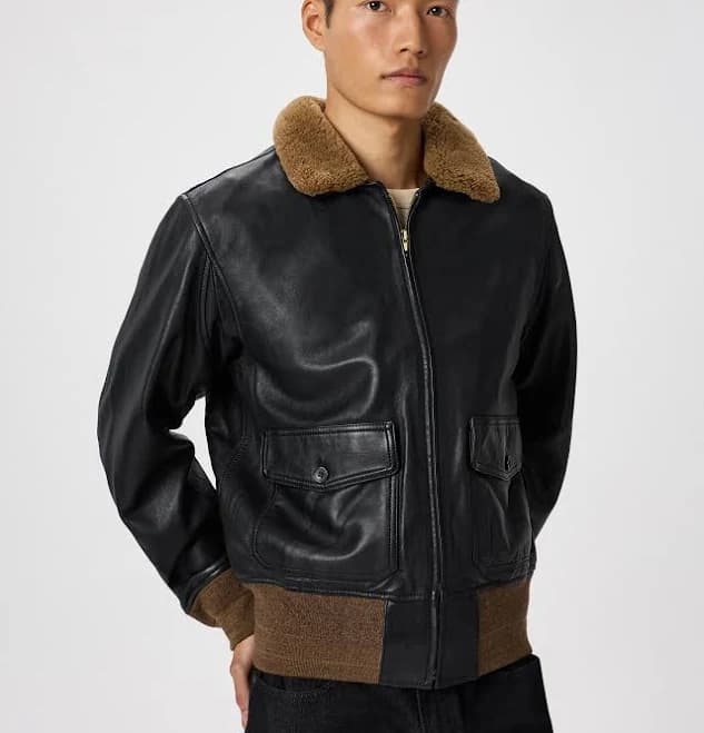 Quince Men's Shearling Collar Leather Flight Jacket