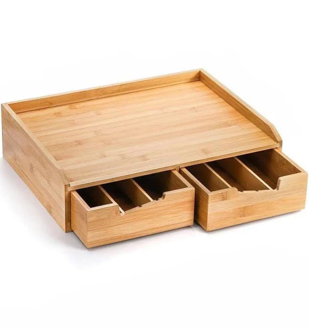 Lynzavix Natural Bamboo Coffee Pod Drawer Organizer with Adjustable Divider and Side Storage Box for Kitchen or Office