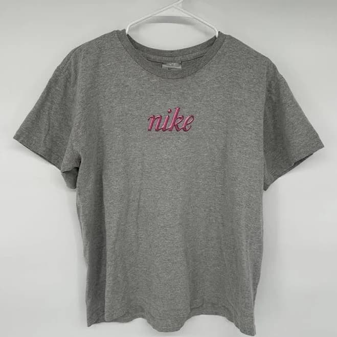 Vintage Y2K Nike Gray Shirt Womens XL Spellout Pink Logo Made in USA Casual