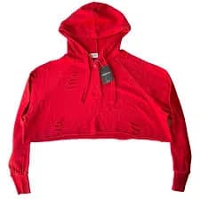 FOREVER 21 Women's Long Sleeve Ripped Hoodie Crop Sweatshirt size M, Solid Red