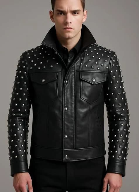 Men's Studded Leather High Collar Moto Jacket