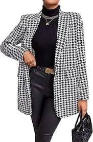 Amazon.com: WDIRARA Chaqueta de oficina con cuello de solapa y estampado de pata de gallo para mujer, negro y blanco : Ropa, Zapatos y Joyería