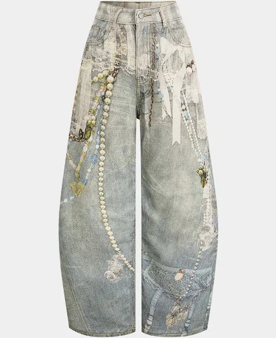 Wide Leg Abstract Print Denim Pants