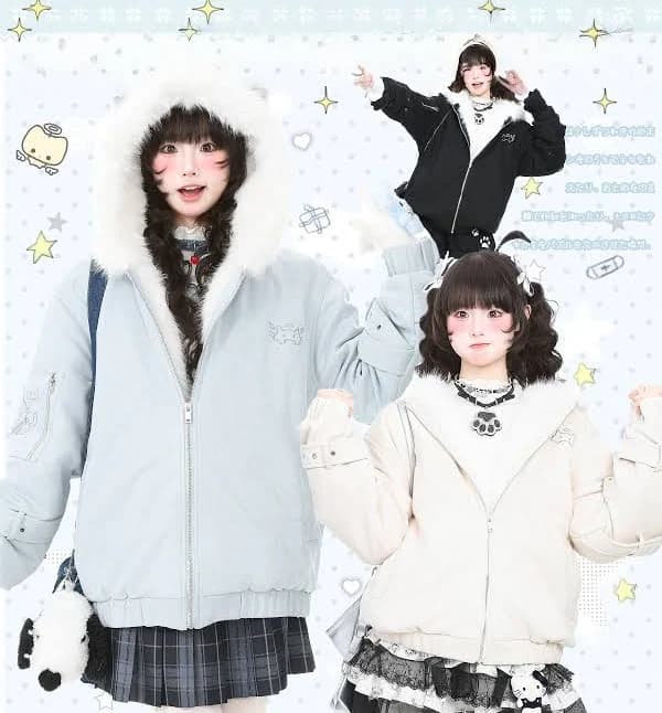 Daily Kawaii Blue Kitty Ear Furry Lined Hooded Jacket