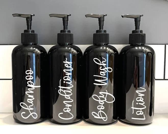 SET of 4 black plastic bathroom bottles with pump, Refillable shampoo & conditioner bottles, Farmhouse bathroom, Airbnb ideas VRBO decor