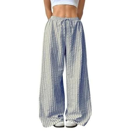 Women's Wide Leg Striped Pants with Drawstring Waist