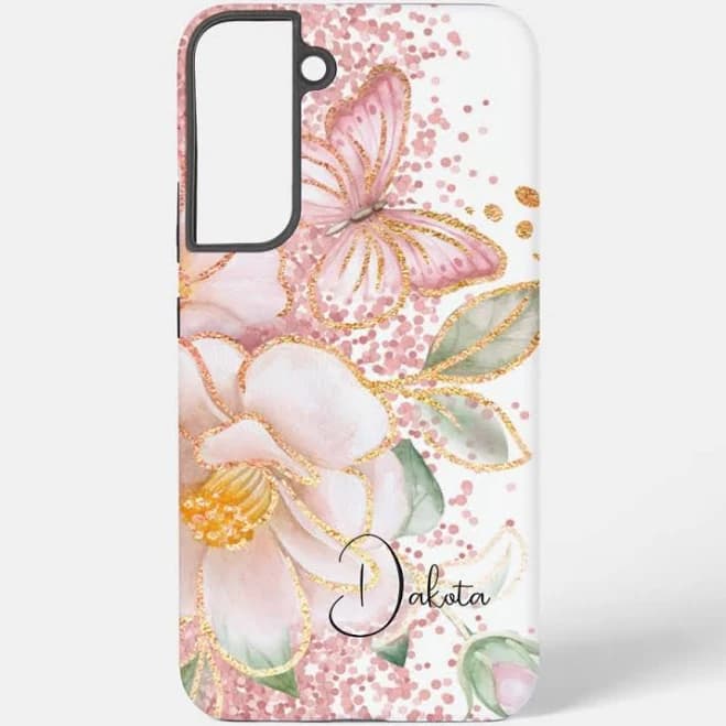 Personalized Pink Floral and Butterfly Phone Case