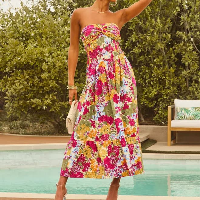 Vici Lynelle Strapless Floral Smocked Rayon Midi Dress