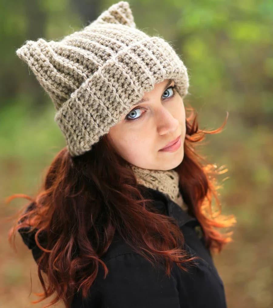 Unisex Slouchy Knit Beanie with Crochet Cat Ears