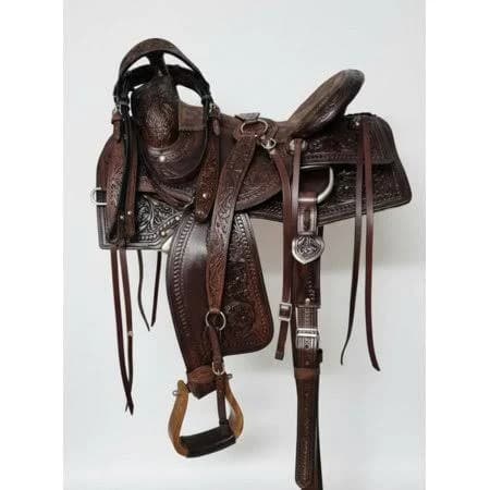 Western Tooled Leather Horse Saddle with Wooden Stirrups, Dark Brown Ranch Riding Saddle/All Customization Available, Size: 17