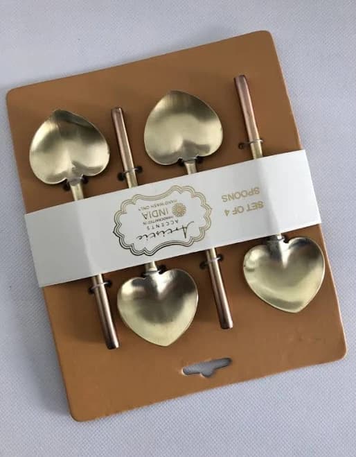 Set of Four Gold Brass Look Handcrafted Heart Shaped Teaspoons Wedding Love