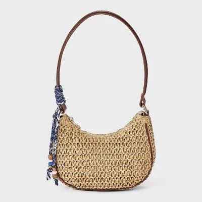 Universal Thread Straw Shoulder Bag with Charms