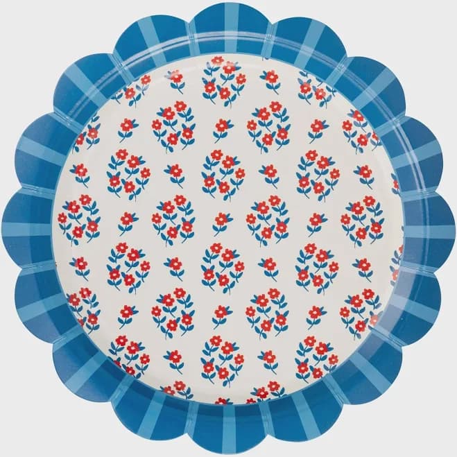 Red Blue Floral Scalloped Paper Plates, Americana Gingham Border Set