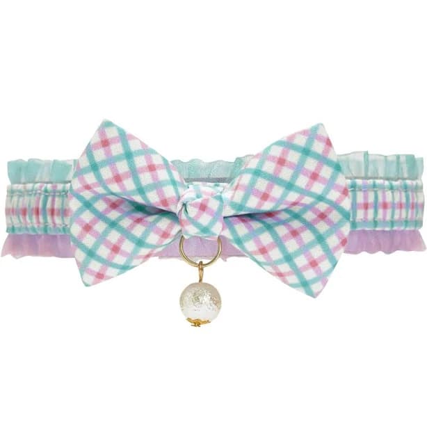 Plaid Bowtie Cat Collar With Pearl Charm
