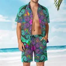 Fractals Men's Two Piece Rave Outfit Matching Set, Psychedelic Button Up Shirt and Shorts, Trippy LSD Festival Clothing