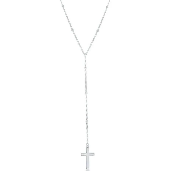 Sterling Silver Beaded Chain With Hanging Cross Necklace