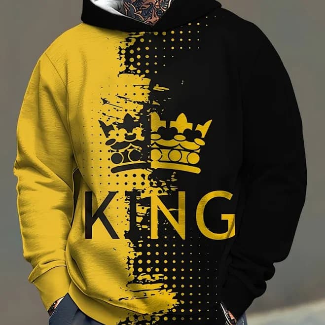 Men's Fashion Sweatshirt, Black and Yellow Colorblock Letter HD Pattern 3D Printed Hoodie, Men's Casual Pullover Hooded Sweatshirt Sportswear,