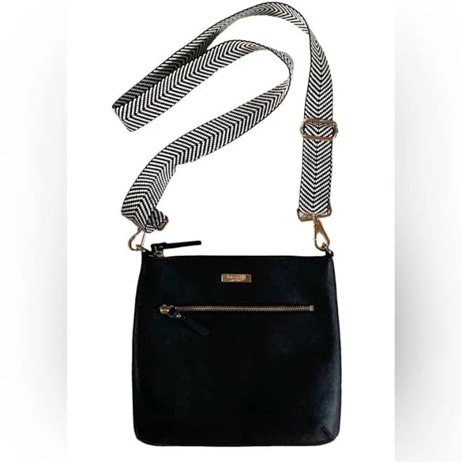 Kate Spade Bags | Kate Spade Crossbody Black Leather Gold Hardware Striped Strap Euc Authentic | Color: Black | Size: Os | Findnhustle716's Closet