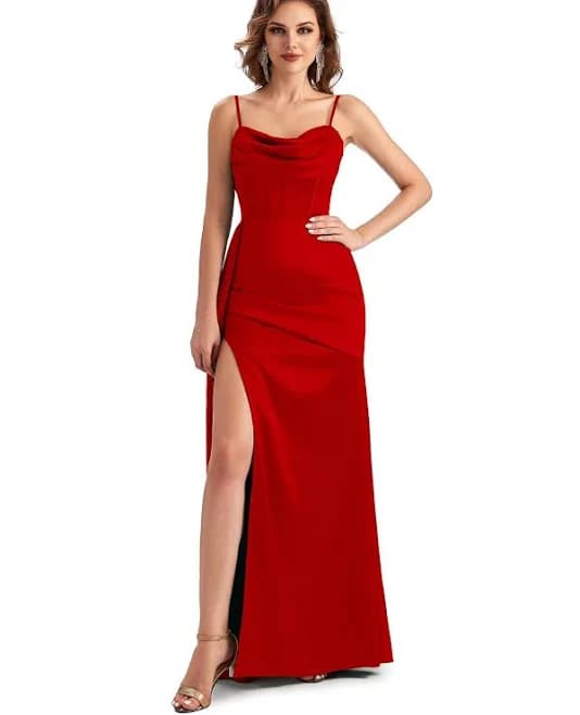 Chicsew Scoop Mermaid Casual Long wedding Guest Dresses Sexy Side Split Spaghetti Straps / satin wedding reception