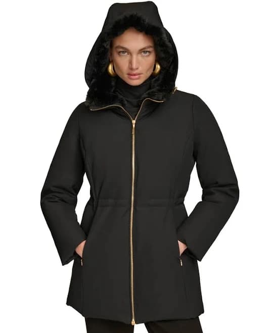 Donna Karan Women's Faux-Fur Trim Water Resistant Puffer Coat