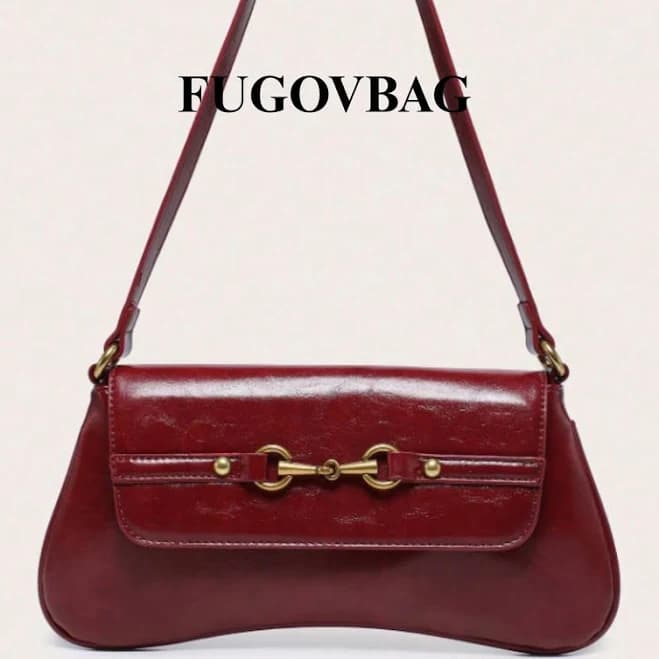 Leather Baguette Shoulder Bag with Gold Hoop Hardware