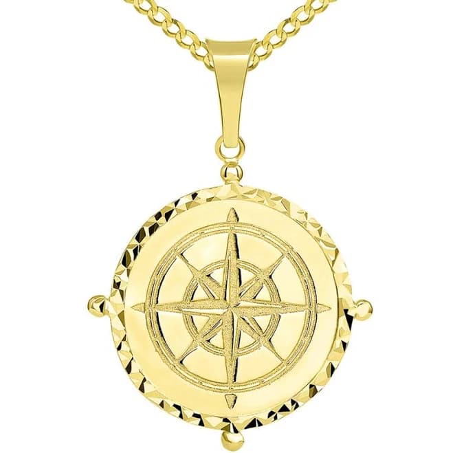 Solid 14K Gold Compass Pendant on Cuban Chain Necklace