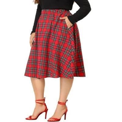 Agnes Orinda Women's Plus Size Plaid A-Line Flare Skirt