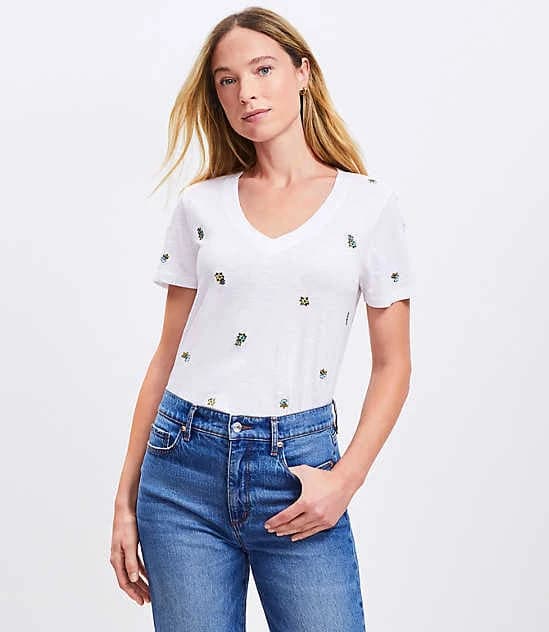 Loft Women's Border Floral V-Neck T-Shirt
