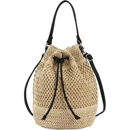 Women's Straw Bucket Bag with Drawstring
