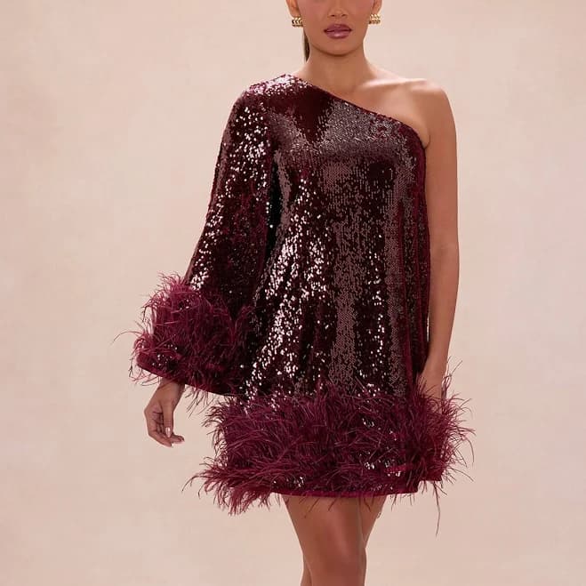 Fashion Nova Robyn Feather Trim Sequin Mini Dress