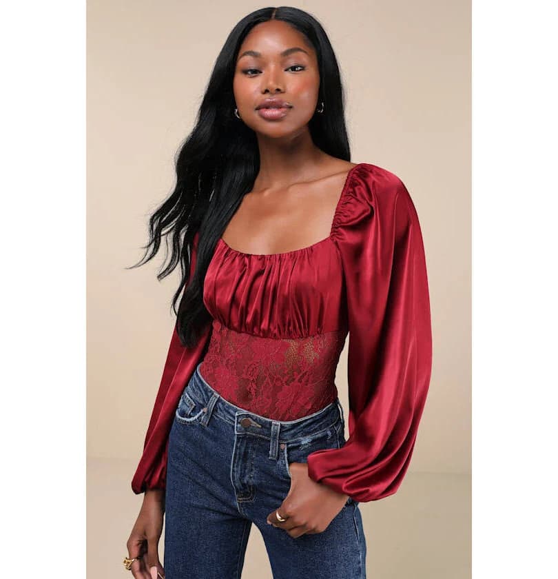 Lulus Satin Balloon Sleeve Sheer Lace Bodysuit
