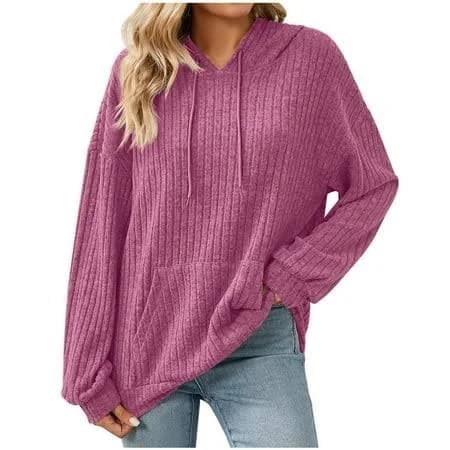 Women's Baggy Ribbed Knit Hoodie with Pocket