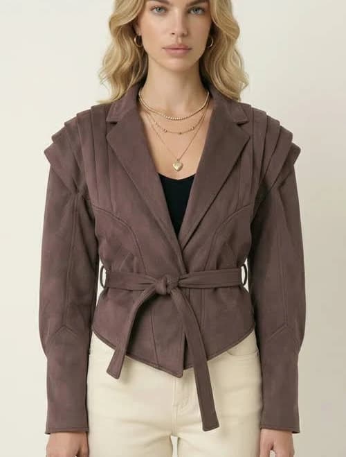 Modenaire Women's Structured Belted Pleated Shoulder Jacket