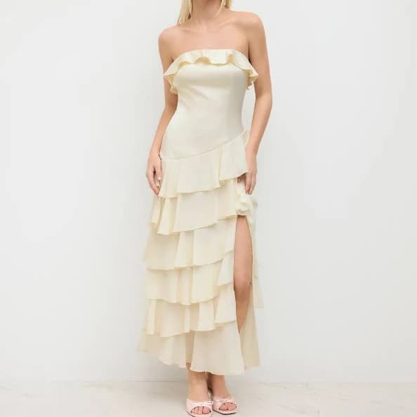 CIDER Women's Satin Bandeau Split Layered Ruffle Hem Maxi Dress Evening